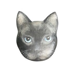 Hand Painted Stone Black Cat Head Sculpture Signed Blue Eyes Artisan Decor